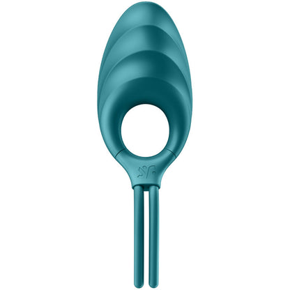 Satisfyer Swordsman – türkisfarbener Intimvibrator mit geripptem, abgerundetem Stimulationskopf, ovaler Ringöffnung und zwei schlanken, parallel verlaufenden Schaftenden in aufrechter Vorderansicht auf weißem Hintergrund – erhältlich bei Evoria Care