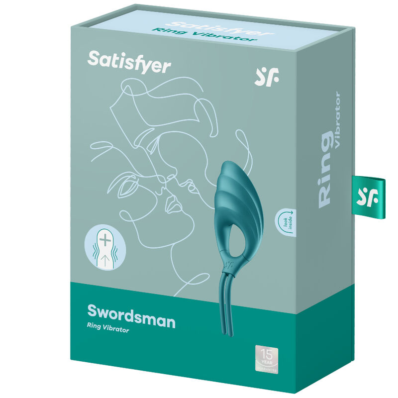 Satisfyer Swordsman – mintgrün-türkise Originalverpackung des türkisfarbenen Intimvibrators mit Produktabbildung, Satisfyer Markenlogo und aufgedruckten Produktinformationen in schräger Verpackungsansicht auf weißem Hintergrund – erhältlich bei Evoria Care