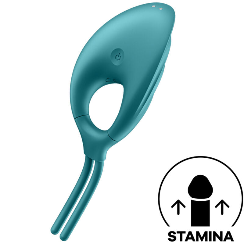 Satisfyer Swordsman – türkisfarbener Intimvibrator mit ovaler Ringöffnung, geripptem Stimulationskopf und gebogenem Schaft in schräger Produktansicht, ergänzt durch eine schwarz-weiße Pleasure-Spots-Funktionsgrafik – erhältlich bei Evoria Care