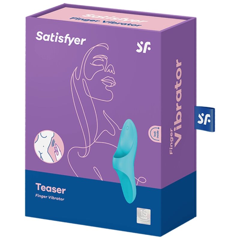 Satisfyer Teaser – lila-blaue Originalverpackung des türkisfarbenen Fingervibrators mit Produktabbildung, Satisfyer Markenlogo und aufgedruckten Produktinformationen in schräger Verpackungsansicht auf weißem Hintergrund – erhältlich bei Evoria Care