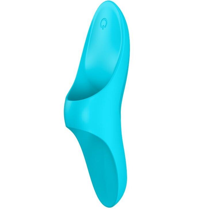 Satisfyer Teaser – türkisfarbener Fingervibrator mit ergonomisch geschwungenem Gehäuse, ovaler Fingeröffnung, abgerundeter Stimulationsspitze und glatter Oberfläche in schräger Produktansicht auf weißem Hintergrund – erhältlich bei Evoria Care