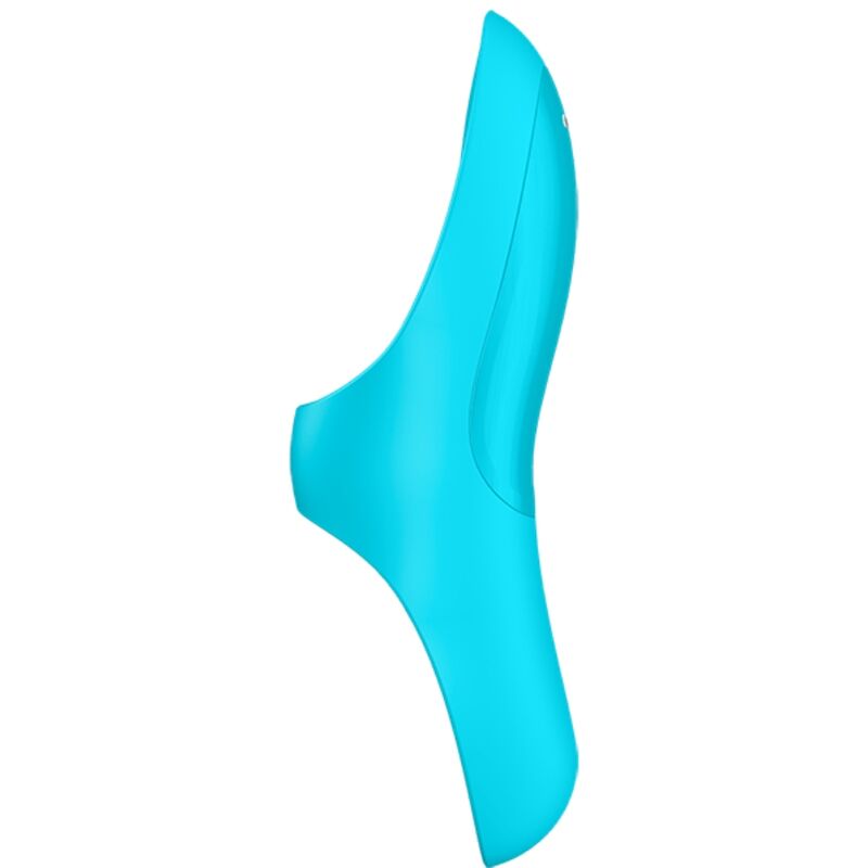 Satisfyer Teaser – türkisfarbener Fingervibrator mit schlanker, gebogener Silhouette, abgerundeter Stimulationsspitze und ergonomisch geformtem Gehäuse in seitlicher Produktansicht auf weißem Hintergrund – erhältlich bei Evoria Care