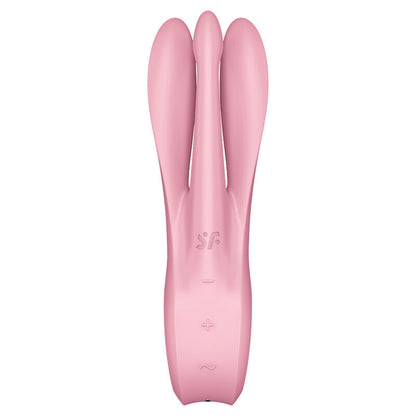 Satisfyer Threesome 1 – rosafarbener Vibrator mit drei parallel angeordneten Stimulationsarmen, schmalen Zwischenräumen und abgerundetem Griffende in weiterer aufrechter Vorderansicht – erhältlich bei Evoria Care