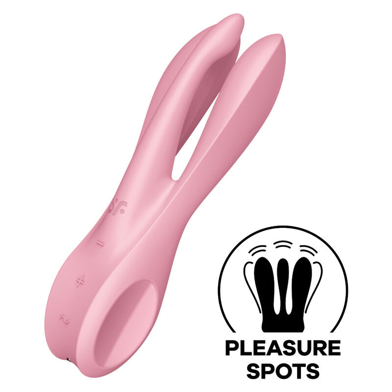 Satisfyer Threesome 1 – rosafarbener Mehrfach-Vibrator mit drei geschwungenen Stimulationsarmen in schräger Produktansicht, ergänzt durch eine schwarz-weiße Pleasure-Spots-Funktionsgrafik auf weißem Hintergrund – erhältlich bei Evoria Care