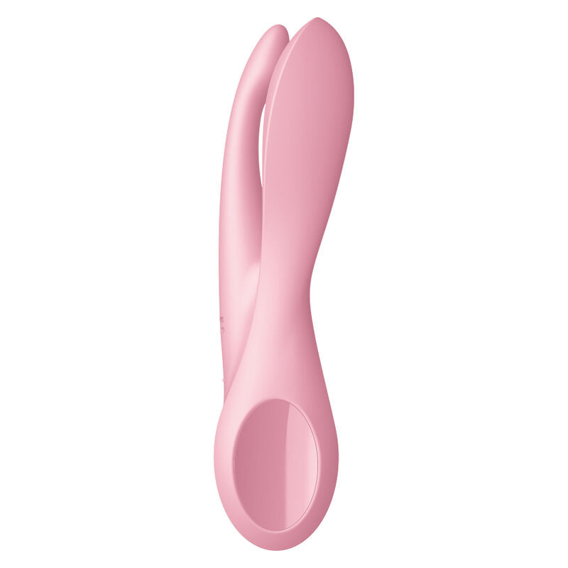 Satisfyer Threesome 1 – rosafarbener Dreifach-Vibrator mit geschwungenem Schaft, glatter Oberfläche und abgerundeten Stimulationsarmen in aufrechter Seitenansicht auf weißem Hintergrund – erhältlich bei Evoria Care