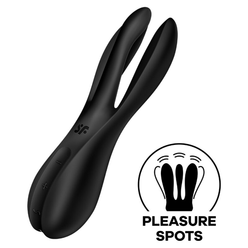 Satisfyer Threesome 2 – schwarzer Mehrfach-Vibrator mit drei länglichen, geschwungenen Stimulationsarmen und glatter Oberfläche in schräger Produktansicht, ergänzt durch eine schwarz-weiße Pleasure-Spots-Funktionsgrafik – erhältlich bei Evoria Care
