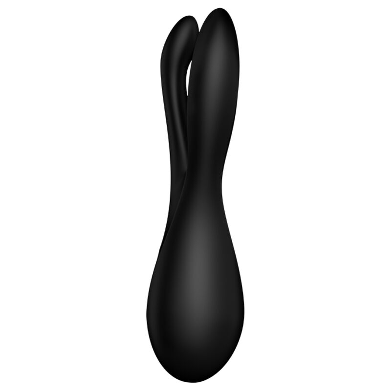 Satisfyer Threesome 2 – schwarzer Dreifach-Vibrator mit geschwungenem Schaft, seitlich sichtbaren Stimulationsarmen und ergonomisch geformtem Griff mit Bedienelement in aufrechter Seitenansicht auf weißem Hintergrund – erhältlich bei Evoria Care