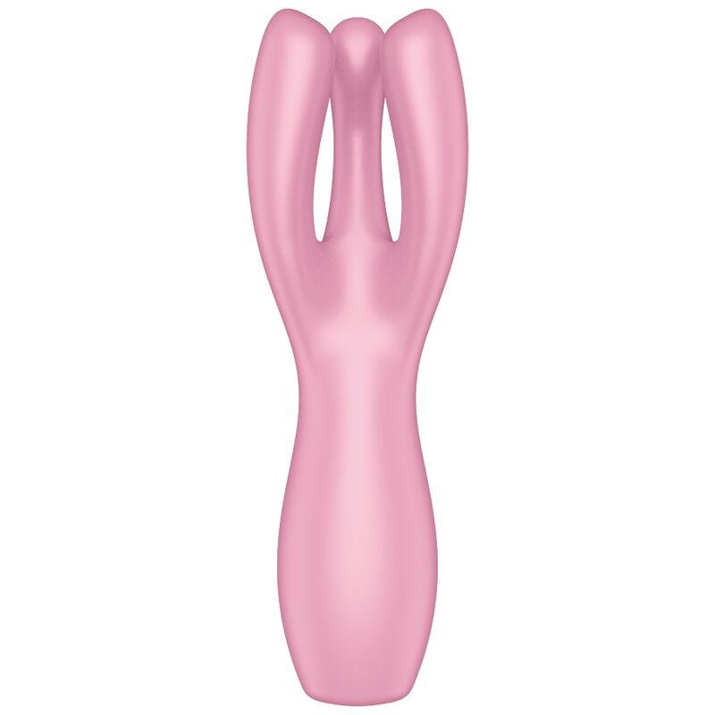 Satisfyer Threesome 3 – rosafarbener Dreifach-Vibrator mit drei schlanken, geschwungenen Stimulationsarmen, abgerundeten Spitzen und ergonomischem Griff in aufrechter Vorderansicht auf weißem Hintergrund – erhältlich bei Evoria Care