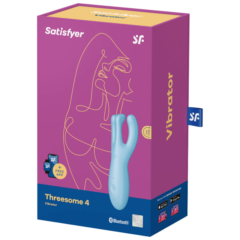 Satisfyer Threesome 4 – pink-blaue Originalverpackung des hellblauen Dreifach-Vibrators mit Produktabbildung, Satisfyer Markenlogo und aufgedruckten Produktinformationen in schräger Verpackungsansicht auf weißem Hintergrund – erhältlich bei Evoria Care
