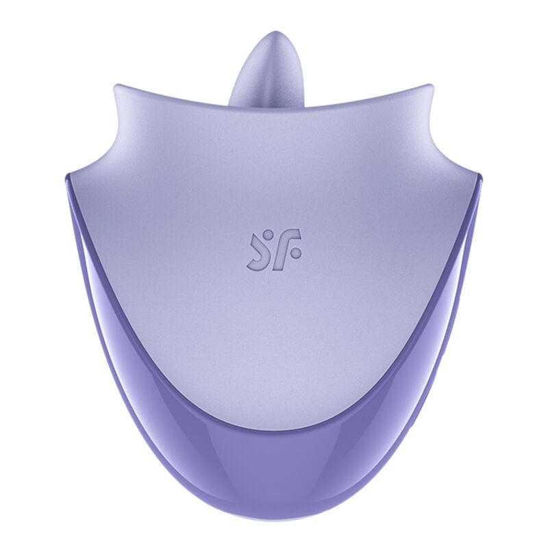 Satisfyer Tongue Dancer – lilafarbener Zungenstimulator mit breiter, geschwungener Stimulationsöffnung, dunkelviolettem Innenbereich und zwei oberen Erhebungen in frontaler Detailansicht auf weißem Hintergrund – erhältlich bei Evoria Care