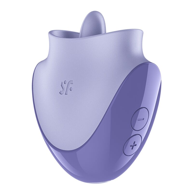 Satisfyer Tongue Dancer – kompakter Zungenstimulator in Helllila und Dunkellila mit abgerundetem Gehäuse, hervorstehendem Stimulationsaufsatz und seitlichen Bedientasten in schräger Produktansicht auf weißem Hintergrund – erhältlich bei Evoria Care