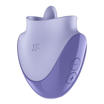 Satisfyer Tongue Dancer – kompakter Zungenstimulator in Helllila und Dunkellila mit abgerundetem Gehäuse, hervorstehendem Stimulationsaufsatz und seitlichen Bedientasten in schräger Produktansicht auf weißem Hintergrund – erhältlich bei Evoria Care