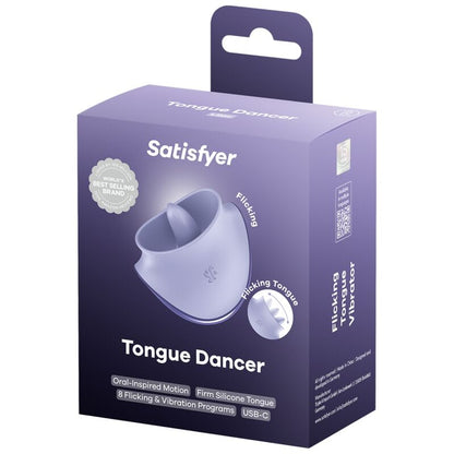 Satisfyer Tongue Dancer – violette Originalverpackung des Zungenstimulators mit Produktabbildung, Satisfyer Markenlogo und weißer Produktbeschriftung in schräger Verpackungsansicht auf weißem Hintergrund – erhältlich bei Evoria Care