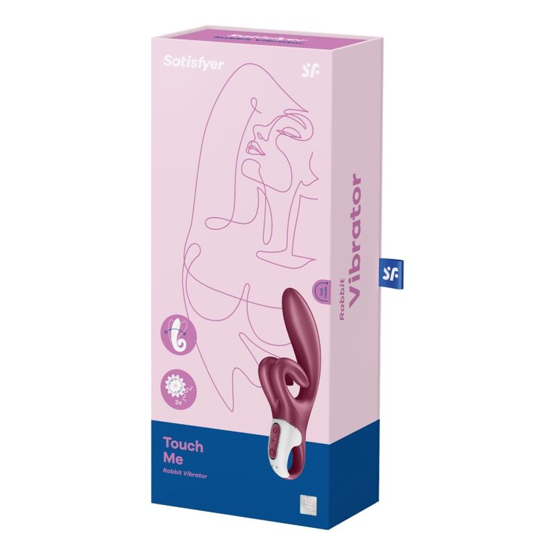 Satisfyer Touch Me – rosa-blaue Originalverpackung des bordeauxroten Mehrfach-Vibrators mit Produktabbildung, Satisfyer Markenlogo und aufgedruckten Produktinformationen in schräger Ansicht – erhältlich bei Evoria Care