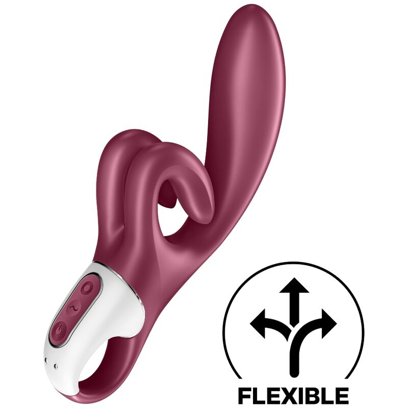 Satisfyer Touch Me – bordeauxroter Vibrator mit geschwungenem Hauptschaft, ringförmigem Stimulationsarm und weißem Griffbereich, ergänzt durch eine Pleasure-Spots-Funktionsgrafik auf weißem Hintergrund – erhältlich bei Evoria Care