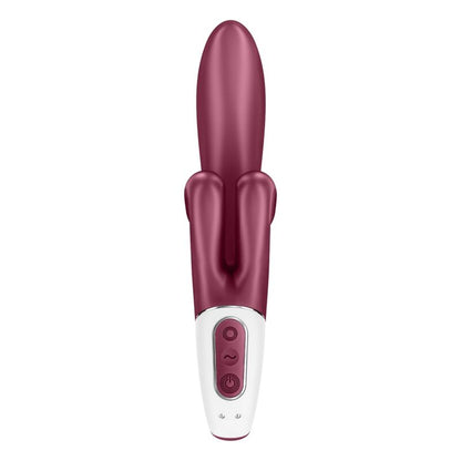 Satisfyer Touch Me – bordeauxroter Vibrator mit schlankem Hauptschaft, seitlich angeordnetem Stimulationsarm und weißem unteren Griffbereich in aufrechter Rückansicht auf weißem Hintergrund – erhältlich bei Evoria Care