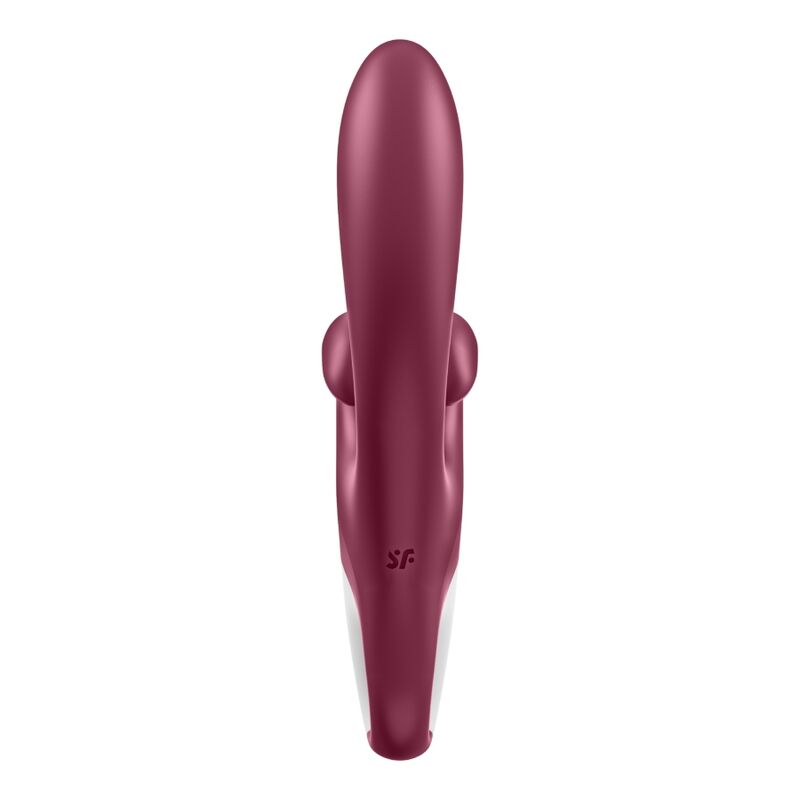 Satisfyer Touch Me – bordeauxroter Mehrfach-Vibrator mit langem abgerundetem Hauptschaft, seitlich sichtbarem ringförmigem Stimulationsarm und weißem Griffende in aufrechter Seitenansicht – erhältlich bei Evoria Care