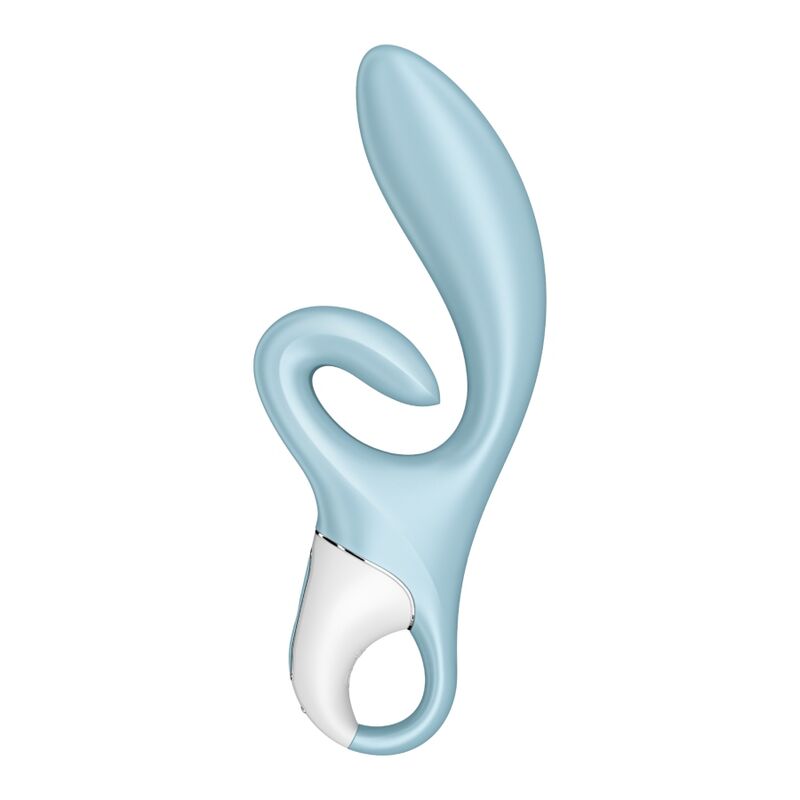 Satisfyer Touch Me – hellblauer Mehrfach-Vibrator mit langem geschwungenem Hauptschaft, ringförmigem Stimulationsarm und weißem Griffbereich mit ovaler Öffnung in schräger Produktansicht auf weißem Hintergrund – erhältlich bei Evoria Care