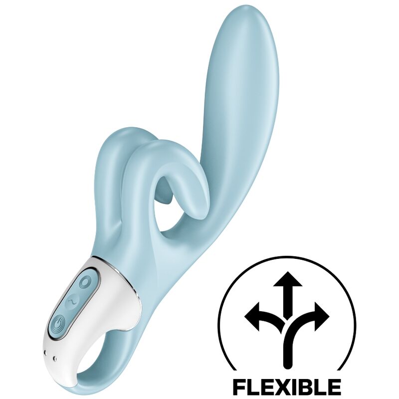 Satisfyer Touch Me – hellblauer Vibrator mit geschwungenem Hauptschaft, ringförmigem Stimulationsarm und weißem Bedienelement, ergänzt durch eine Pleasure-Spots-Funktionsgrafik auf weißem Hintergrund – erhältlich bei Evoria Care