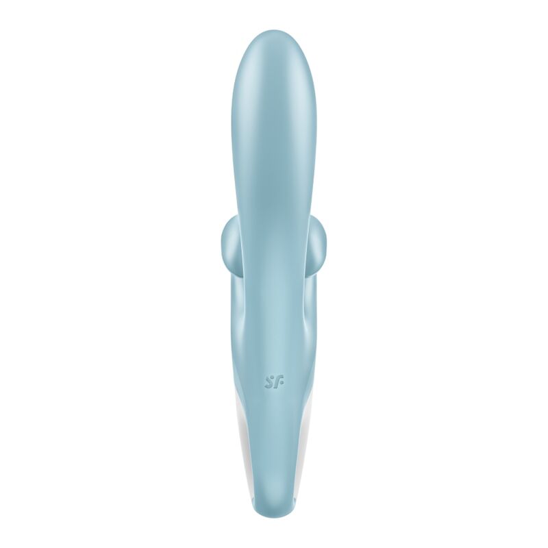 Satisfyer Touch Me – hellblauer Vibrator mit schlankem Hauptschaft, seitlich sichtbarem ringförmigem Stimulationsarm und weißem Griffende in aufrechter Seitenansicht auf weißem Hintergrund – erhältlich bei Evoria Care