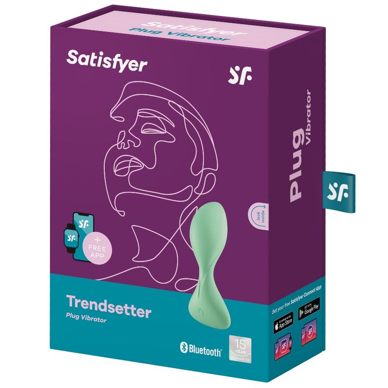 Satisfyer Trendsetter – lila-türkise Originalverpackung des mintgrünen Analvibrators mit Satisfyer Markenlogo, Produktabbildung und aufgedruckten Produktinformationen in schräger Verpackungsansicht auf weißem Hintergrund – erhältlich bei Evoria Care