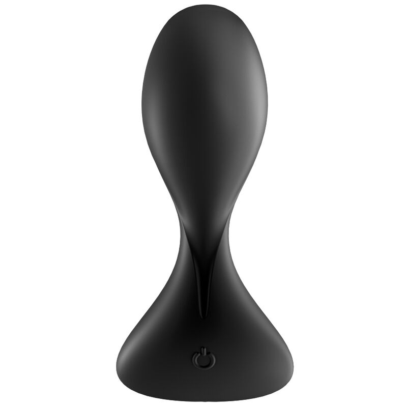 Satisfyer Trendsetter – schwarzer Analvibrator mit abgerundetem Stimulationskopf, schmaler Mittelpartie und breiter Standbasis in aufrechter Vorderansicht auf weißem Hintergrund – erhältlich bei Evoria Care