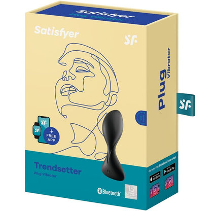 Satisfyer Trendsetter – gelb-blaue Originalverpackung des schwarzen Analvibrators mit Produktabbildung, Satisfyer Markenlogo und aufgedruckten Produktinformationen in schräger Ansicht auf weißem Hintergrund – erhältlich bei Evoria Care