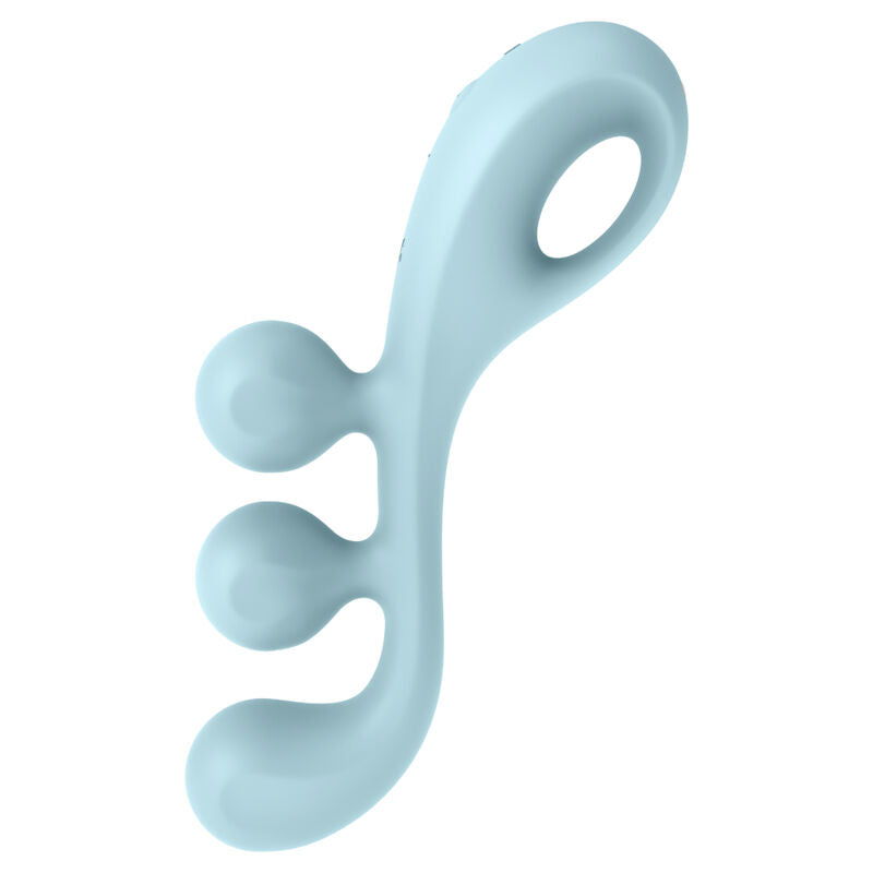Satisfyer Tri Ball 2 – hellblaues Intimtoy mit drei seitlich angeordneten Stimulationskugeln, gebogenem Schaft und ovaler Grifföffnung in seitlicher Produktansicht auf weißem Hintergrund – erhältlich bei Evoria Care