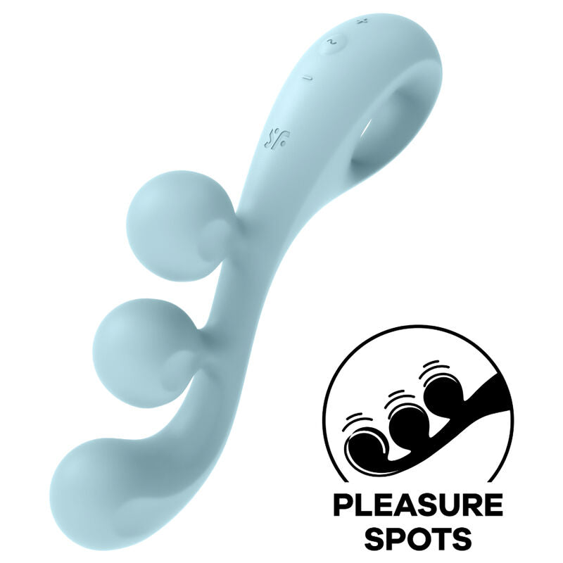 Satisfyer Tri Ball 2 – hellblaues Intimtoy mit drei kugelförmigen Stimulationspunkten, geschwungenem flexiblem Schaft und ovaler Grifföffnung in schräger Produktansicht, ergänzt durch eine Pleasure Spots Funktionsgrafik auf weißem Hintergrund – erhältlich bei Evoria Care