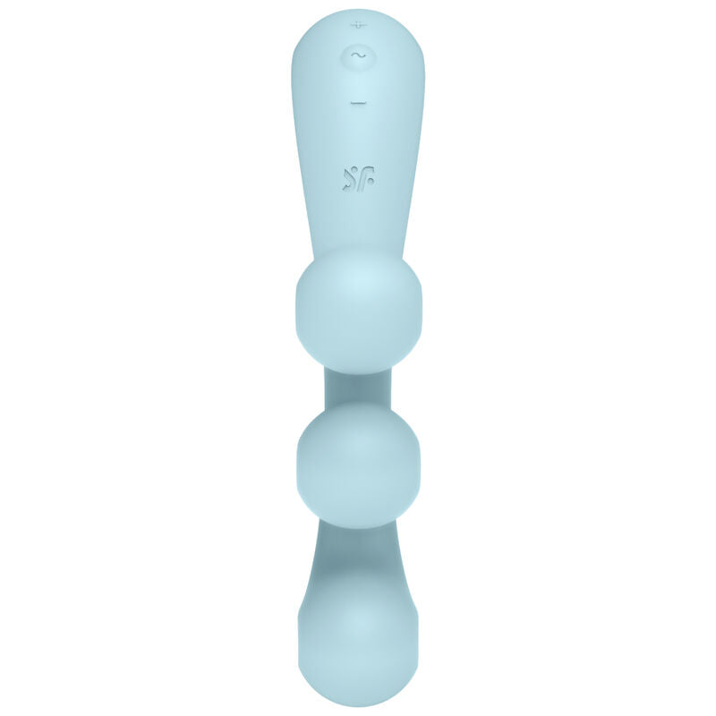 Satisfyer Tri Ball 2 – hellblaues Intimtoy mit drei übereinander angeordneten kugelförmigen Stimulationspunkten, länglichem Gehäuse und abgerundeter Form in aufrechter Vorderansicht auf weißem Hintergrund – erhältlich bei Evoria Care