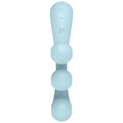 Satisfyer Tri Ball 2 – hellblaues Intimtoy mit drei übereinander angeordneten kugelförmigen Stimulationspunkten, länglichem Gehäuse und abgerundeter Form in aufrechter Vorderansicht auf weißem Hintergrund – erhältlich bei Evoria Care