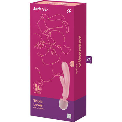 Satisfyer Triple Lover – pinkfarbene Originalverpackung des Dreifach-Vibrators mit Produktabbildung, Satisfyer Markenlogo und aufgedruckten Produktinformationen in schräger Verpackungsansicht auf weißem Hintergrund – erhältlich bei Evoria Care