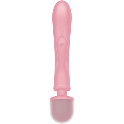 Satisfyer Triple Lover – rosafarbener Vibrator mit langem abgerundetem Hauptschaft, seitlichen Stimulationsarmen und rundem Griffende in aufrechter Vorderansicht auf weißem Hintergrund – erhältlich bei Evoria Care
