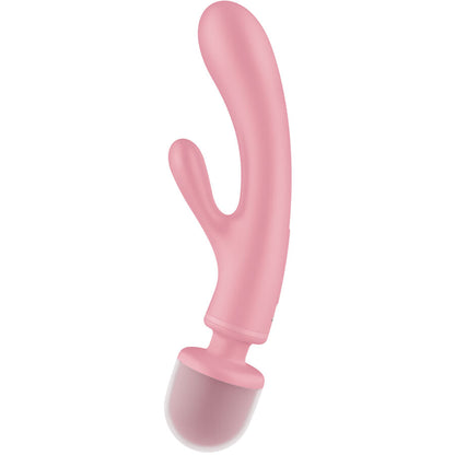 Satisfyer Triple Lover – rosafarbener Dreifach-Vibrator mit geschwungenem Hauptschaft und zwei seitlichen Stimulationsarmen aus rückseitiger Perspektive auf weißem Hintergrund – erhältlich bei Evoria Care