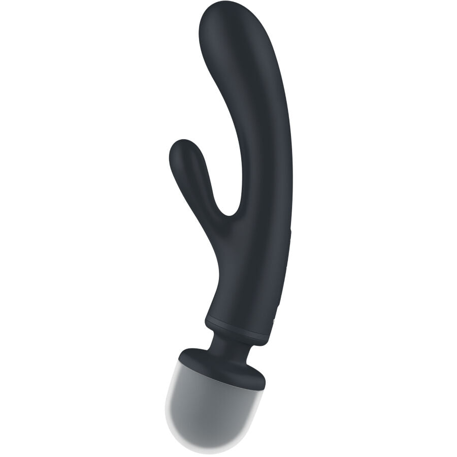 Satisfyer Triple Lover – schwarzer Dreifach-Vibrator mit ergonomisch geschwungenem Schaft, zwei unterschiedlich geformten Stimulationsarmen und rundem Griffende in schräger Ansicht auf weißem Hintergrund – erhältlich bei Evoria Care