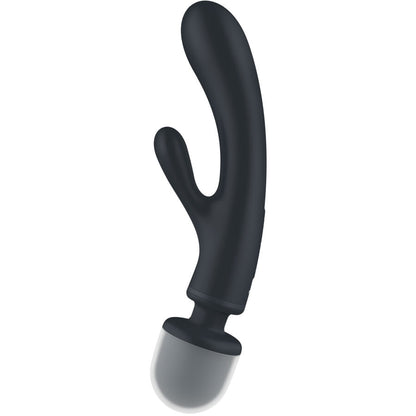 Satisfyer Triple Lover – schwarzer Dreifach-Vibrator mit ergonomisch geschwungenem Schaft, zwei unterschiedlich geformten Stimulationsarmen und rundem Griffende in schräger Ansicht auf weißem Hintergrund – erhältlich bei Evoria Care
