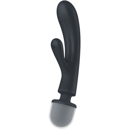 Satisfyer Triple Lover – schwarzer Dreifach-Vibrator mit langem geschwungenem Hauptschaft, zwei seitlichen Stimulationsarmen und rundem Griffende in aufrechter Seitenansicht auf weißem Hintergrund – erhältlich bei Evoria Care