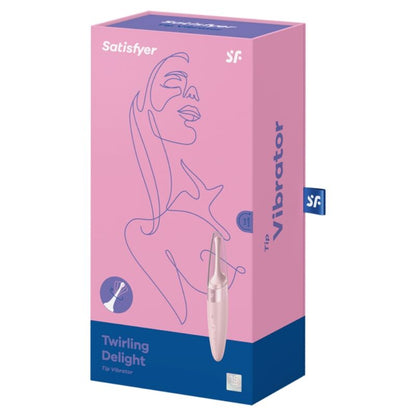 Satisfyer Twirling Delight – pink-blaue Originalverpackung des rosafarbenen Intimstimulators mit Produktabbildung, Satisfyer Markenlogo und aufgedruckten Produktinformationen in schräger Verpackungsansicht auf weißem Hintergrund – erhältlich bei Evoria Care