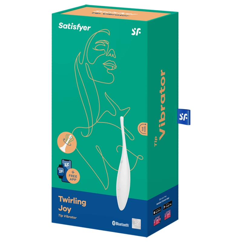 Satisfyer Twirling Joy – grün-blaue Originalverpackung des weißen Intimstimulators mit Satisfyer Markenlogo und aufgedruckten Produktinformationen in schräger Verpackungsansicht auf weißem Hintergrund – erhältlich bei Evoria Care