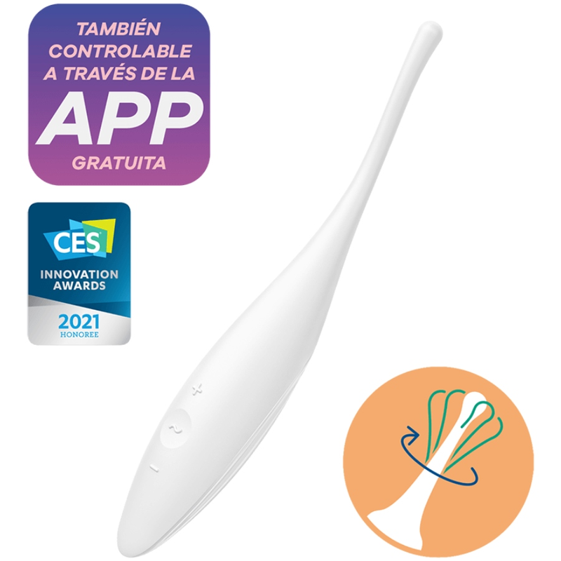 Satisfyer Twirling Joy – weißer, schlanker Intimstimulator mit geschwungenem Schaft, abgerundeter Spitze und App-Steuerung, gemeinsam mit einer Funktionsgrafik und App-Hinweis auf weißem Hintergrund dargestellt – erhältlich bei Evoria Care