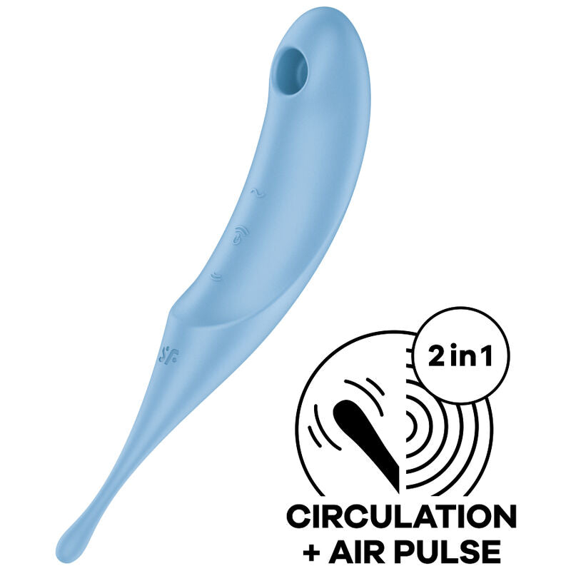 Satisfyer Twirling Pro – hellblauer 2-in-1-Vibrator mit geschwungenem Schaft, ovaler Stimulationsöffnung und schwarz-weißer Funktionsgrafik für Circulation und Air Pulse in schräger Produktansicht auf weißem Hintergrund – erhältlich bei Evoria Care