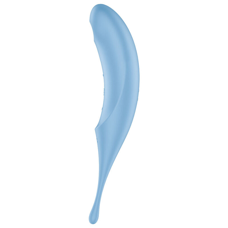 Satisfyer Twirling Pro – hellblauer 2-in-1-Vibrator mit gebogenem Schaft, abgerundetem Stimulationskopf und schmal zulaufendem Ende in seitlicher Produktansicht auf weißem Hintergrund – erhältlich bei Evoria Care