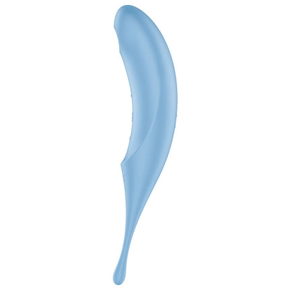 Satisfyer Twirling Pro – hellblauer 2-in-1-Vibrator mit gebogenem Schaft, abgerundetem Stimulationskopf und schmal zulaufendem Ende in seitlicher Produktansicht auf weißem Hintergrund – erhältlich bei Evoria Care