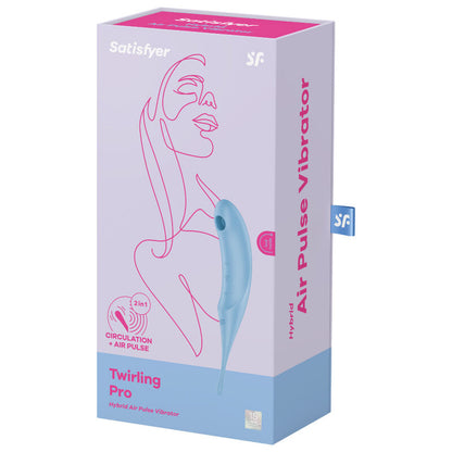 Satisfyer Twirling Pro – rosa-blaue Originalverpackung mit Abbildung des hellblauen Vibrators, Satisfyer Markenlogo und Produktinformationen in schräger Verpackungsansicht auf weißem Hintergrund – erhältlich bei Evoria Care