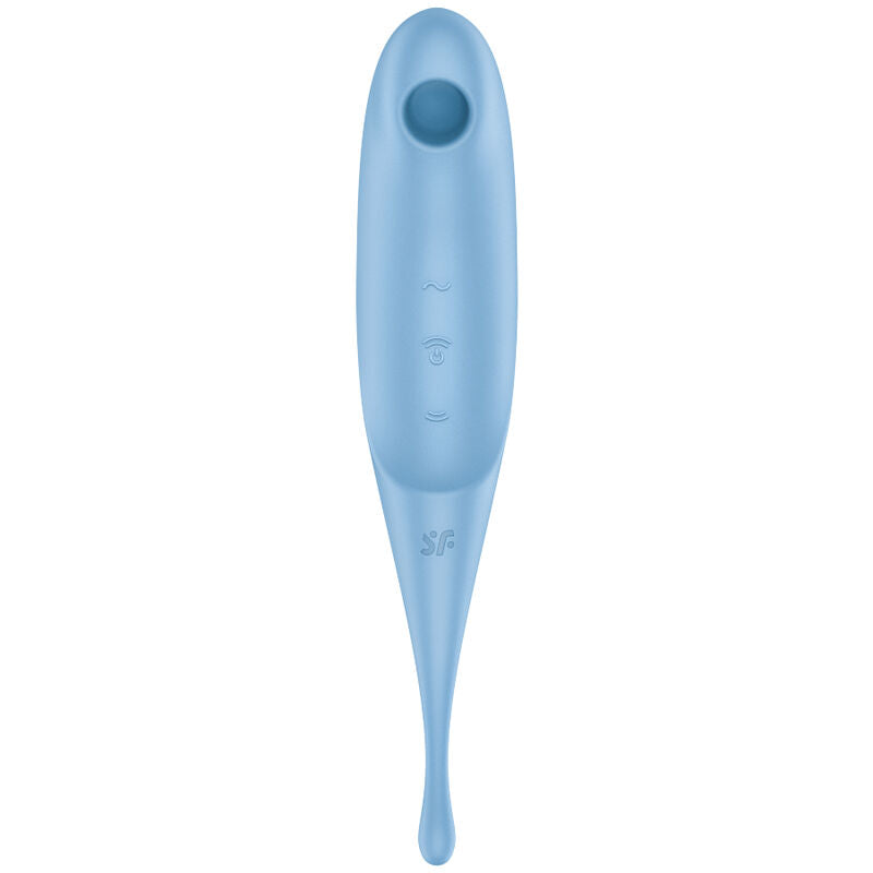 Satisfyer Twirling Pro – hellblauer Vibrator mit schlankem Schaft, ovaler Stimulationsöffnung und ergonomisch geschwungener Form in aufrechter Vorderansicht auf weißem Hintergrund – erhältlich bei Evoria Care
