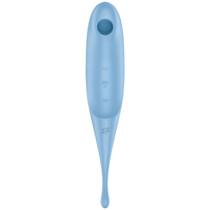 Satisfyer Twirling Pro – hellblauer Vibrator mit schlankem Schaft, ovaler Stimulationsöffnung und ergonomisch geschwungener Form in aufrechter Vorderansicht auf weißem Hintergrund – erhältlich bei Evoria Care