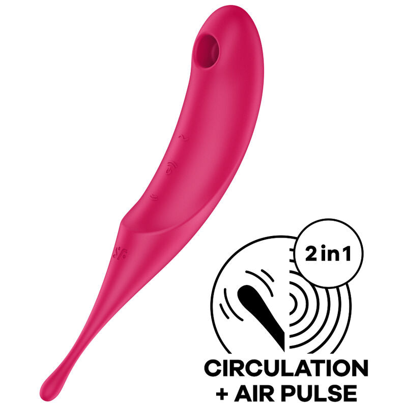 Satisfyer Twirling Pro – pinkfarbener 2-in-1-Vibrator mit geschwungenem Schaft, ovaler Stimulationsöffnung und Funktionsgrafik für Circulation und Air Pulse in schräger Produktansicht auf weißem Hintergrund – erhältlich bei Evoria Care