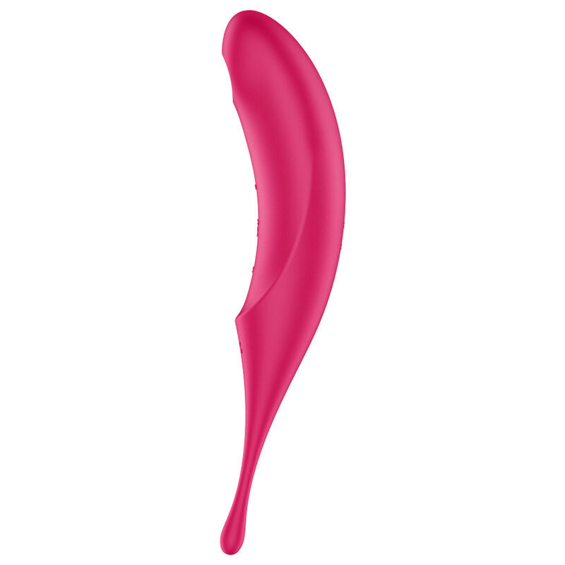 Satisfyer Twirling Pro – pinkfarbener 2-in-1-Vibrator mit deutlich gebogenem Schaft, schmal zulaufendem Ende und ovalem Stimulationskopf in seitlicher Produktansicht – erhältlich bei Evoria Care