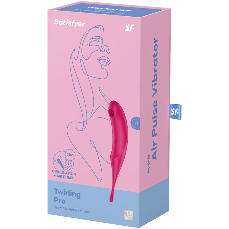 Satisfyer Twirling Pro – rosa-blaue Originalverpackung mit Abbildung des pinkfarbenen Vibrators, Satisfyer Markenlogo und aufgedruckten Produktinformationen in schräger Ansicht auf weißem Hintergrund – erhältlich bei Evoria Care