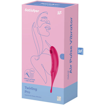 Satisfyer Twirling Pro – rosa-blaue Originalverpackung mit Abbildung des pinkfarbenen Vibrators, Satisfyer Markenlogo und aufgedruckten Produktinformationen in schräger Ansicht auf weißem Hintergrund – erhältlich bei Evoria Care